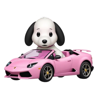 Snoopy in a Lamborghini, the Lamborghini is sideways and Snoopy isn't big, the Lamborghini is pink sticker