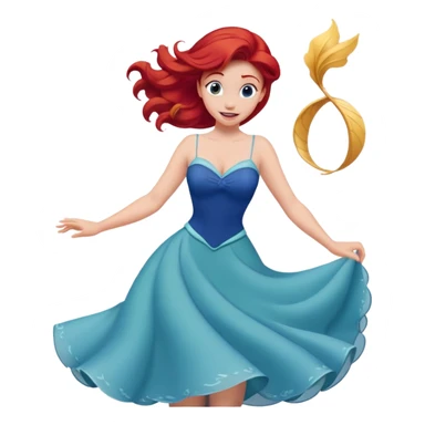 Disney human Ariel with red hair, twirling in her blue dress, excited expression sticker