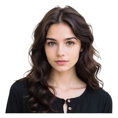 27 year old Caucasian woman with fair skin, brown eyes, long wavy dark brown hair, wearing a black top with a button sticker