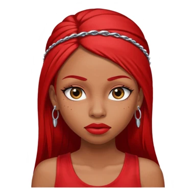 light-skinned black girl with very long eyelashes with long strait dark brown hair with edges wearing a red top with no sleeves. and a red accessory on her head with nose and mouth piercings and is a baddie and looks like a bad girl. sticker