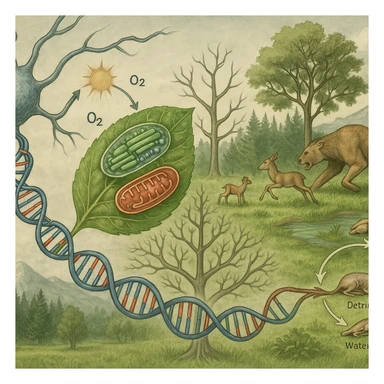A panoramic scientific illustration merging all key biology topics for grades 11-12 into one continuous ecosystem scene, ultra-realistic style: In the foreground, a neuron (neurobiology) synapses with a leaf's vascular system (applied biology). The leaf undergoes photosynthesis (energy conversion) while revealing microscopic views of chloroplasts and mitochondria. Its DNA strands (molecular genetics) morph into a phylogenetic tree (evolution) that forms the landscape. In the background, a balanced ecosystem (ecology) shows predator-prey dynamics and nutrient cycling. All elements flow together organically through biological connections - no artificial borders, labels, or sections. Color palette: natural greens/blues with molecular structures in accurate scientific colors (red ATP, blue DNA). Style: National Geographic scientific realism with macro-to-micro transitions. sticker