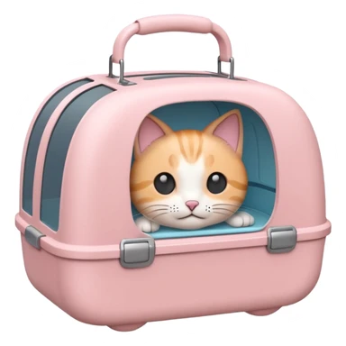 A cute emoji-style cat carrier — rounded, soft edges, cartoon-like design, pastel colors, with a small handle on top and tiny ventilation holes on the side. Simple, minimal details, high contrast, clean outline. sticker