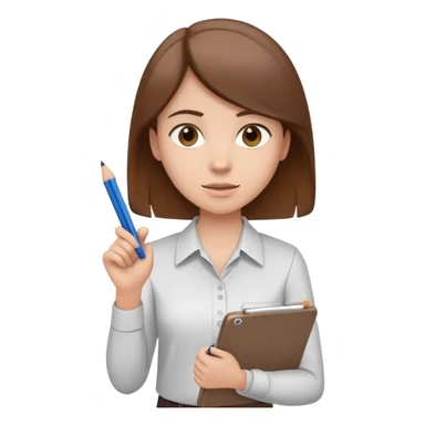 Intern or volunteer with brown hair holding a clipboard and pencil, ready to take notes or assist. The character wears a simple shirt and has an eager posture sticker