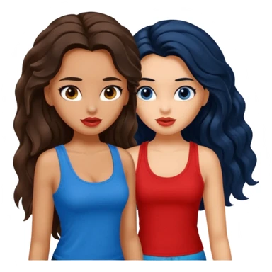generate a pretty tan bratz girl with brown wavy hair long wearing a red tank top. talking to a girl with black hair wearing blue sticker