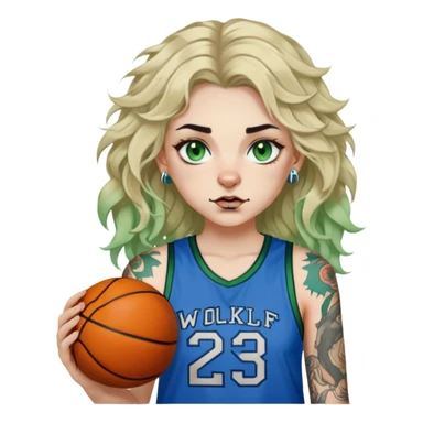Pale girl with tattoos, wavy blonde disheveled hair, piercings, green eyes and dark eyebrows, wearing a blue shirt with a wolf on it and green basketball shorts  sticker