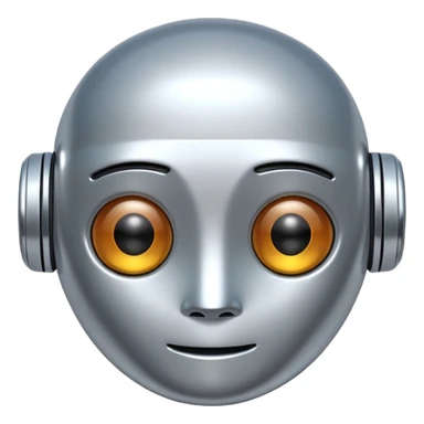 A cute futuristic robot emoji made of silver chrome, rounded friendly body, minimal facial features, glossy metallic surface, soft reflections, iOS emoji style, centered, clean white background sticker