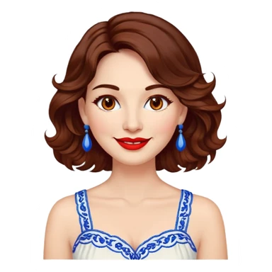Artistic woman in her 40s with bright complexion, round face, big lively light brown eyes, wide friendly smile, vibrant red lips, voluminous wavy dark brown hair to shoulders, white summery dress with blue embroidery and electric blue neckline sticker