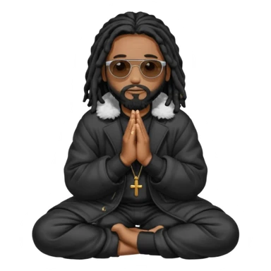 African American man with shoulder length black dreadlocks with black beard wearing black sunglasses wearing a black bubble winter coat praying on knees sticker