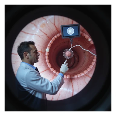 realistic colonoscopy on adult man, monitor showing small polyp removed with snare, doctor in white coat pointing to suspicious area, clinical setting sticker