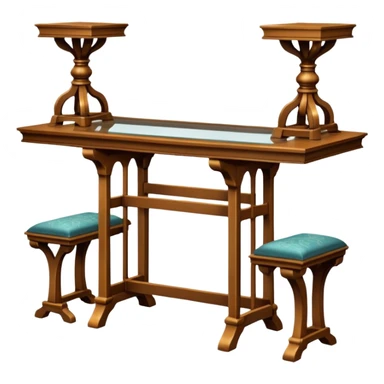 A glass topped rectangular trestle table with 2 benches on the long sides and 2 thrones at the ends sticker