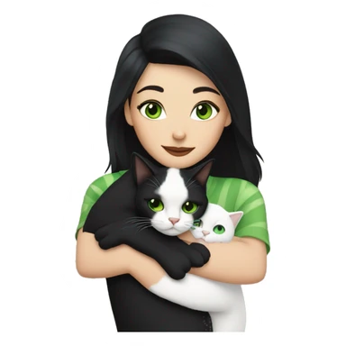 A white woman with black hair and green eyes hugs a black cat with a stripe on her face sticker