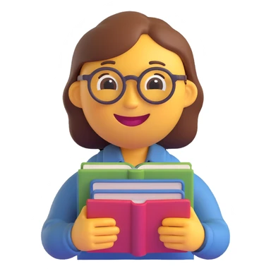 3D smiley emoji, circular shape, wearing teacher glasses, holding a book, with a funny and kind facial expression, transparent background sticker