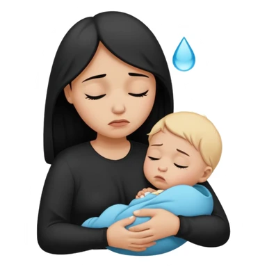 Minimalistic flat vector icon, iOS style, thin black contour on white background. Silhouette of a sad mother holding a baby, small tear drop. Clean, no text, no shadows sticker
