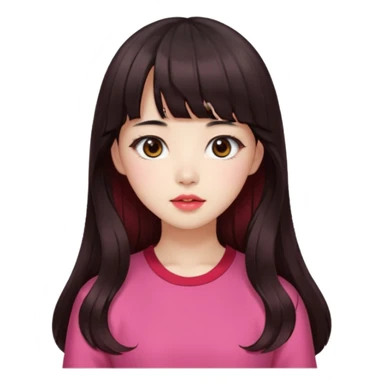 Korean girl, red top, black brown hair, brown eyes, long wavy hair, aesthetic, long hair, hime cut, blunt bangs, pink lip sticker