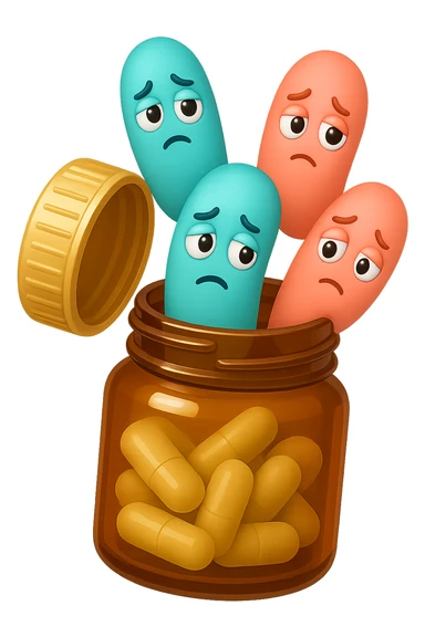 EMOJI STILE IPHONE DI UN barattolo di PROBIOTICI APERTO DA CUI ALL'INTERNO ESCONO BATTERI INTESTINALI TURCHESI E ROSA SALMONE CON ESPRESSIONE DUBBIOSA IN VOLTO, IPERREALISTICO 4K sticker