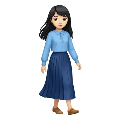hair : black long hair with fringe 
skin : light 
cloth : oversize light blue shirt + navy long long skirt 
motion : walking  sticker