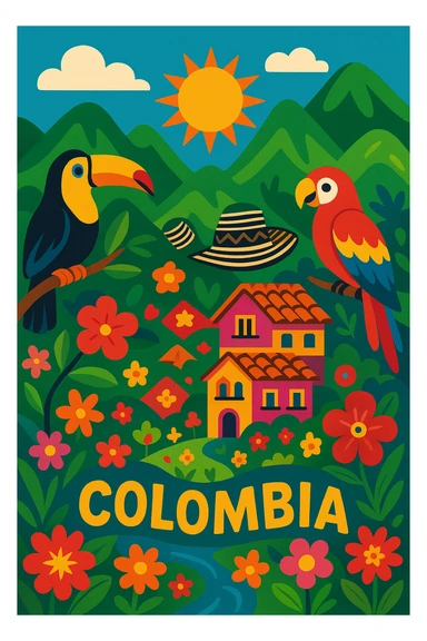 vibrant, magical scene representing Colombia with colorful landscapes, tropical birds, and folkloric elements, whimsical enchanting style sticker