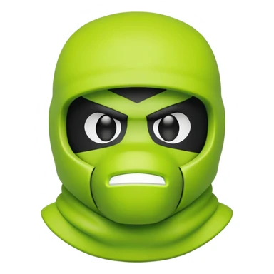 bearbrick toy wearing a lime green balaclava with angry aggressive thick eyebrows showing above the mask sticker