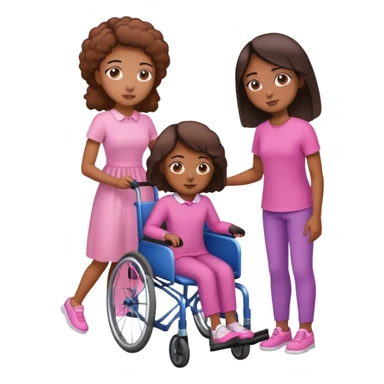 One tan skin sister standing behind her brown skin sister in a pink wheelchair sticker