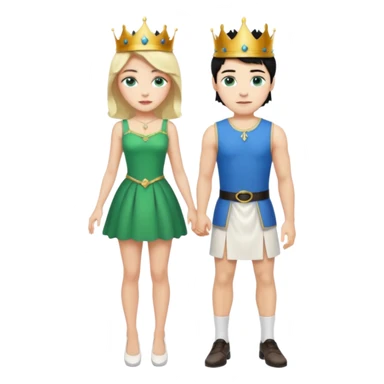 Prince with crown, black hair, body, legst, blue eyes, woman blonde hair, green eyes, sexy white short sleveless dress, shoes sticker