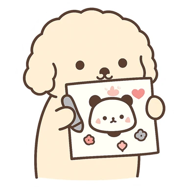 Transform the image into a WhatsApp sticker style by removing the background and leaving only the cute little dog holding the drawing. Add a white border around the dog for a sticker effect. Keep the style natural and clear for sticker use. sticker