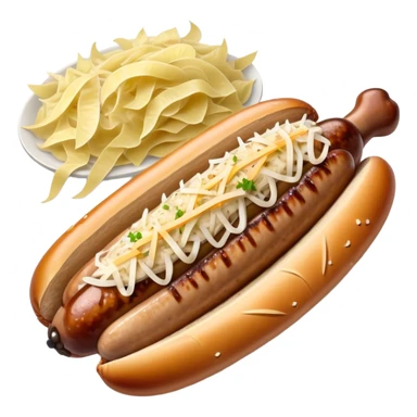 Bratwurst Cinematic Realistic Bratwurst Dish Emoji, depicted as a grilled bratwurst topped with a generous serving of shredded sauerkraut, rendered with rich textures and dynamic, appetizing lighting. sticker