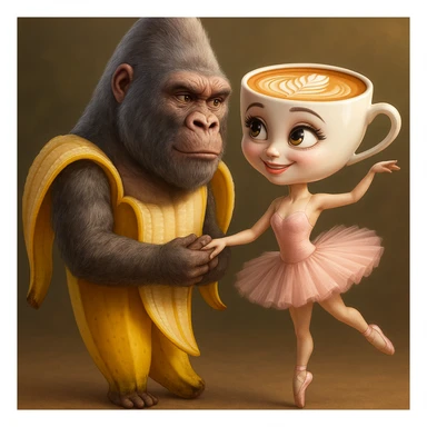 Combine the gorilla-banana character and the coffee-cup ballerina character as a couple in a new, stylish pose. Make them look affectionate and playful, keeping their original styles and colors. Place them together in a creative, dynamic pose that shows their connection as a couple, preserving the distinct features and colors of both characters. sticker