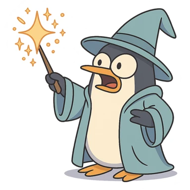 cartoon penguin wizard casting a spell with sparkles and a robe sticker