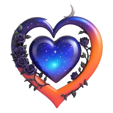 gothic heart made of midnight blue glass with a silver crescent moon, tiny black roses, shimmering stardust, rainbow iridescent effect sticker