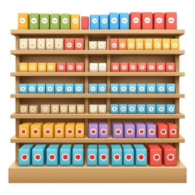 "Minimalist Japanese retail shelf display, products aligned identically in horizontal rows, each item repeated directly behind the other (multiple units in depth), vertically varied by type, clean spacing, precise symmetry, soft neutral lighting, front-facing packages, ultra-detailed." sticker