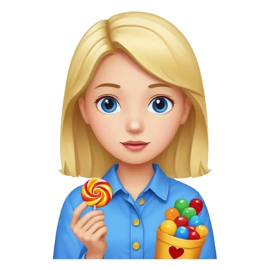 girl in a blue button-up shirt loving candy sticker