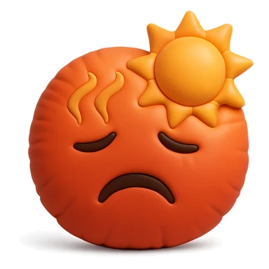 hot emoji with sun and heat waves, red and orange tones, soft plush cushion style sticker