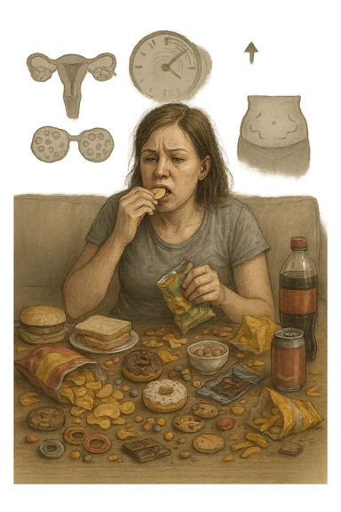 Donna tra i 25 e i 35 anni seduta sul divano o a un tavolo disordinato, circondata da cibi sparsi e poco sani: patatine, dolci, pane bianco, snack confezionati, bibite. Mangiando di fretta, ha un’espressione stanca e frustrata. Intorno a lei, in trasparenza o come illustrazione simbolica, si vedono gli effetti della PCOS peggiorata: ovaie con cisti multiple, squilibrio ormonale (↑ insulina, ↑ androgeni), gonfiore addominale. Sullo sfondo, orologio che corre o caos visivo che comunica disorganizzazione alimentare. Colori spenti e atmosfera stanca. Stile realistico con elementi simbolici e informativi. sticker