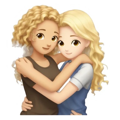 One girl with light skin withe brown curly hair and another girl with straight blonde hair hugging each other anime  sticker