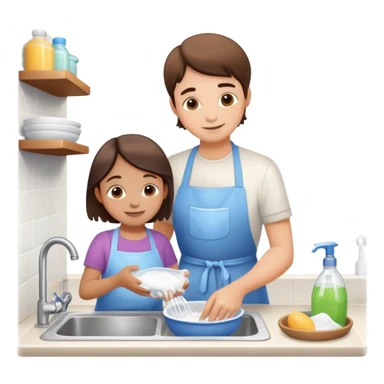 child and parent washing dishes together, friendly and caring sticker