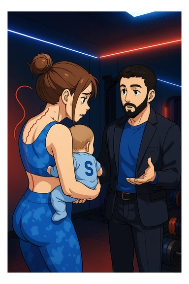 ispirati a questo stile di disegno e fai questa immagine in versione manga/webtoon a colori, il manga mostra la donna preoccupata di profilo con la postura sbagliata e incurvata, spalle chiuse e curve in avanti, con un neonato in braccio con una tutina azzurra e la scritta "S" sulla schiena, spina dorsale storta della donna in evidenza mentre ascolta l'uomo mentre l'uomo gli sta spiegando una cosa, ma non fare i fumetti, fai come se stessero parlando sticker