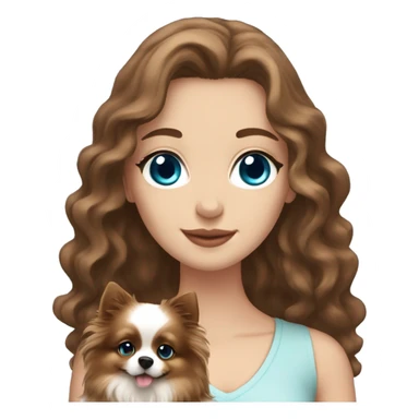 White girl with brown long wavy hair and blue eyes holding a pomeranian sticker