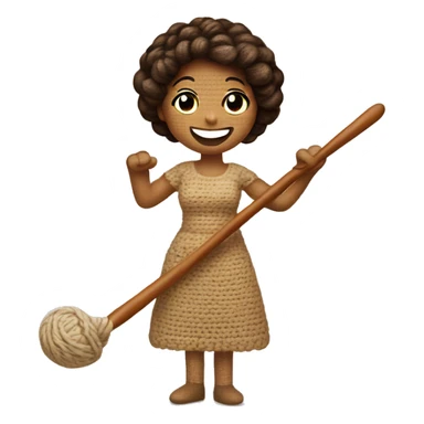 Smiling, waving woman riding a crochet hook sticker