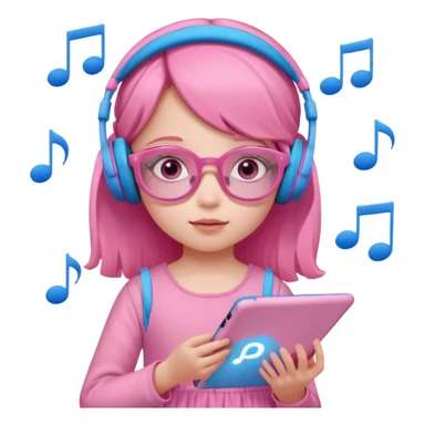 Little girl with headphones when pink eyes and pink iPad and pink dreamy background and rose colored glasses and blue music notes around her and pink dress sticker