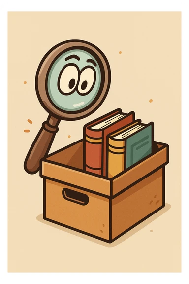 magnifying glass above an archive box with books inside, symbolizing search, flat cartoon style sticker