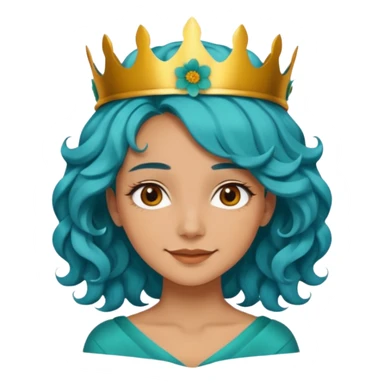 A woman with wavy teal-blue hair styled in loose curls. Her hair is adorned with large golden-yellow flower petals that resemble a crown. She has soft brown eyes, smooth skin, and a small friendly smile on her face. sticker