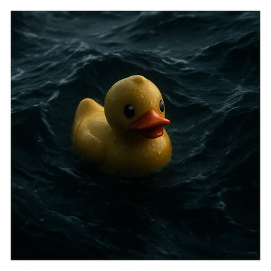 Cinematic still, Extreme Closeup shot of Yellow duck toy on ocean during storm, Camera from top, inspired by interstellar sticker