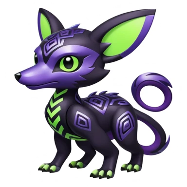 Futuristic modern badass cool shiny metallic alloy black-obsidian purple neon-green white lime animal hybrid Fakemon full body with intricate patterns sticker