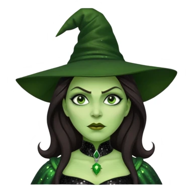The Wicked Witch from Oz with long dark brown hair, black sequin outfit, green skin sticker