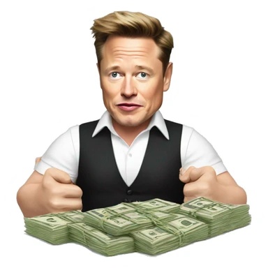 Elon musk with money in his hands with Gordon Ramsay eating stake sticker