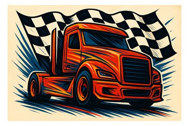 race truck with a checkered flag background, bold and dynamic style sticker