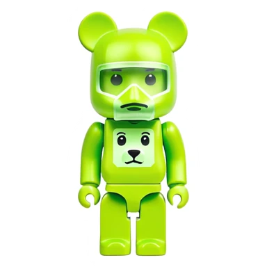 geometric bearbrick figurine with cube-shaped head, lime green balaclava with Supreme box logo on it, expressive eyebrows visible, toy design sticker