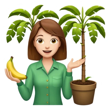 a woman with brown hair whose excited is planting a banana tree sticker
