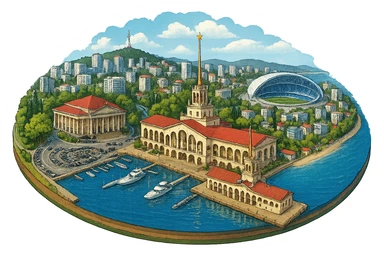 Изометричная, яркая, детализированная и фотореалистичная иллюстрация панорамы города Cочи на круглой подставке в стиле 3D-коллажей городов, здание Морского Порта, Зимний театр, стадион Фишт, море чёткие линии, слегка мультяшная стилистика, прозрачный фон, не обрезать края картинки sticker
