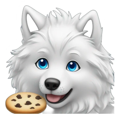 A cute white wolf with blue eyes, eating a single delicious cookie sticker